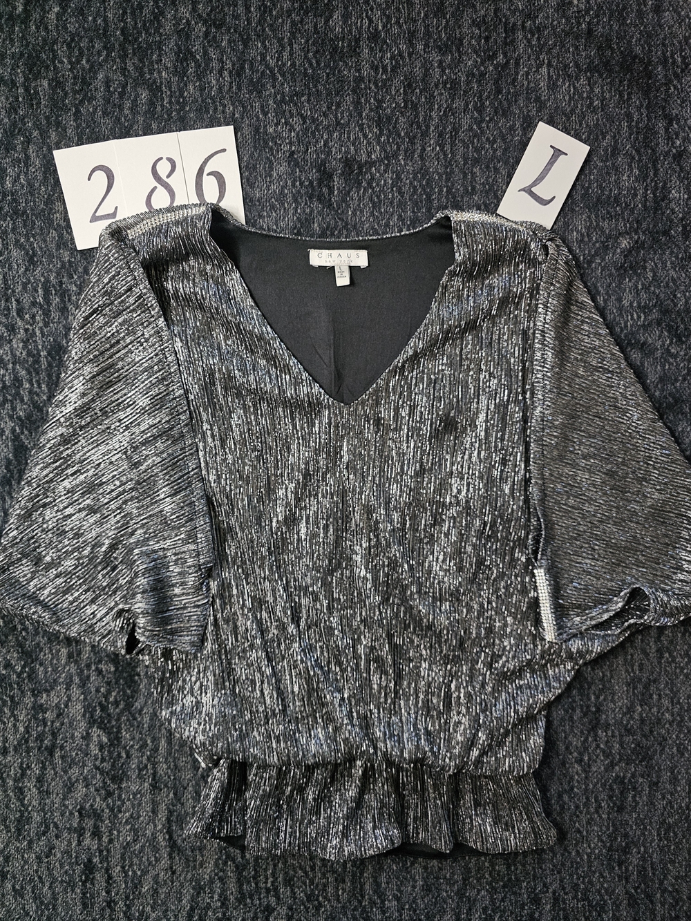 Chaus Metallic Black Silver V-Neck Short Sleeve Blouse